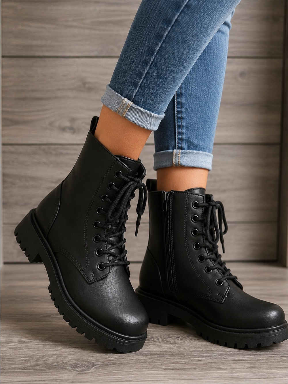 🖤 NWT!! Women’s Black Chunky Lug Sole Combat Boots | Side Zip | Lightweight